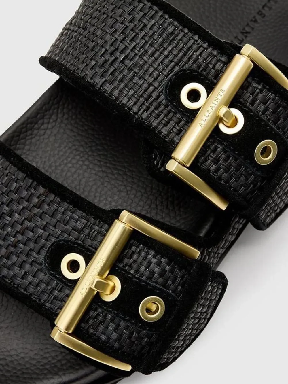 AllSaints Black Woven Double-Strap Slides with Metallic Buckles SB9